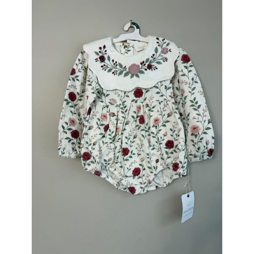Picolette Floral Embroidered Collar Romper Baby Girl 18M Cream Rose NWT